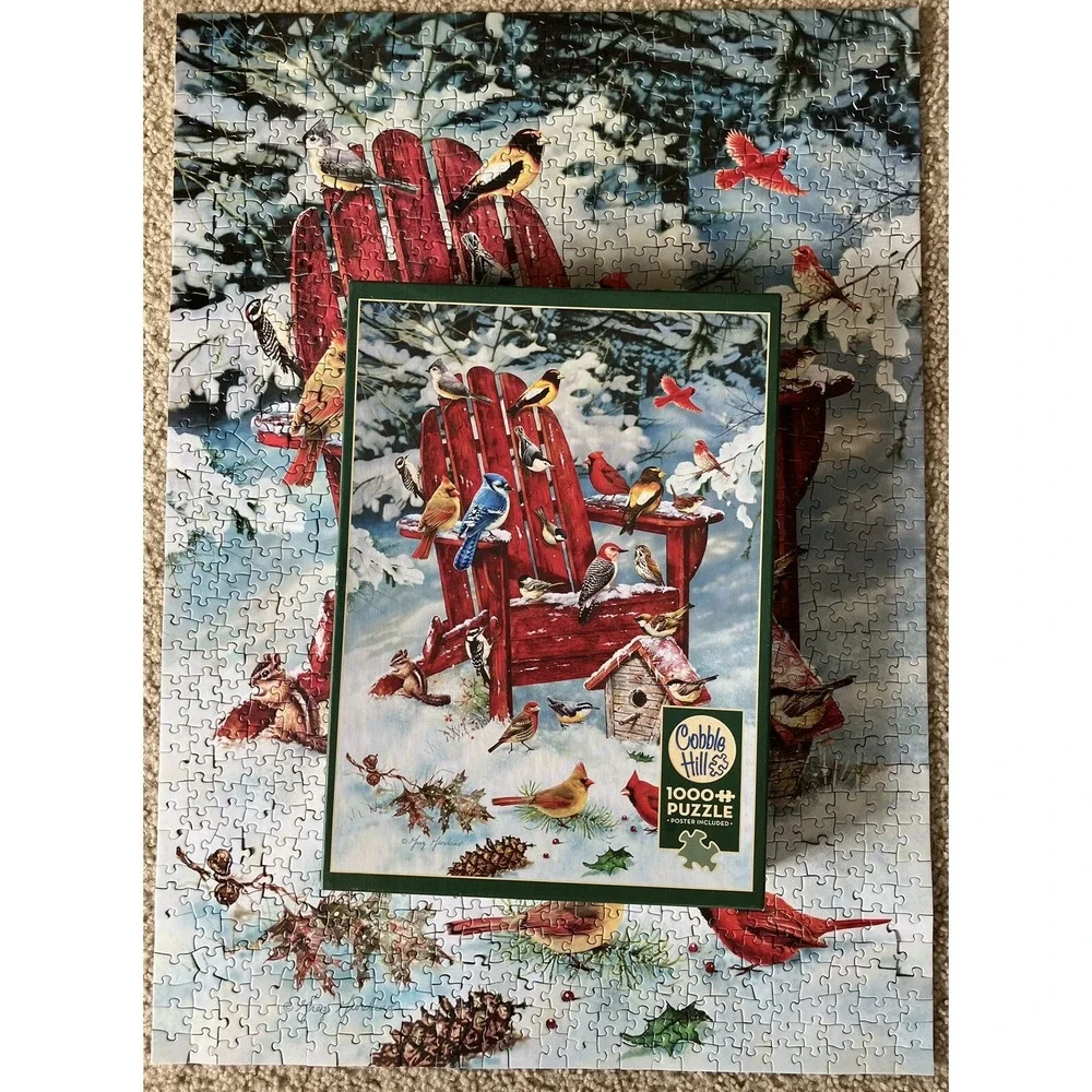 Cobble Hill New Sealed 1000 Piece Jigsaw Puzzle Adirondack Birds Red Chair Snow